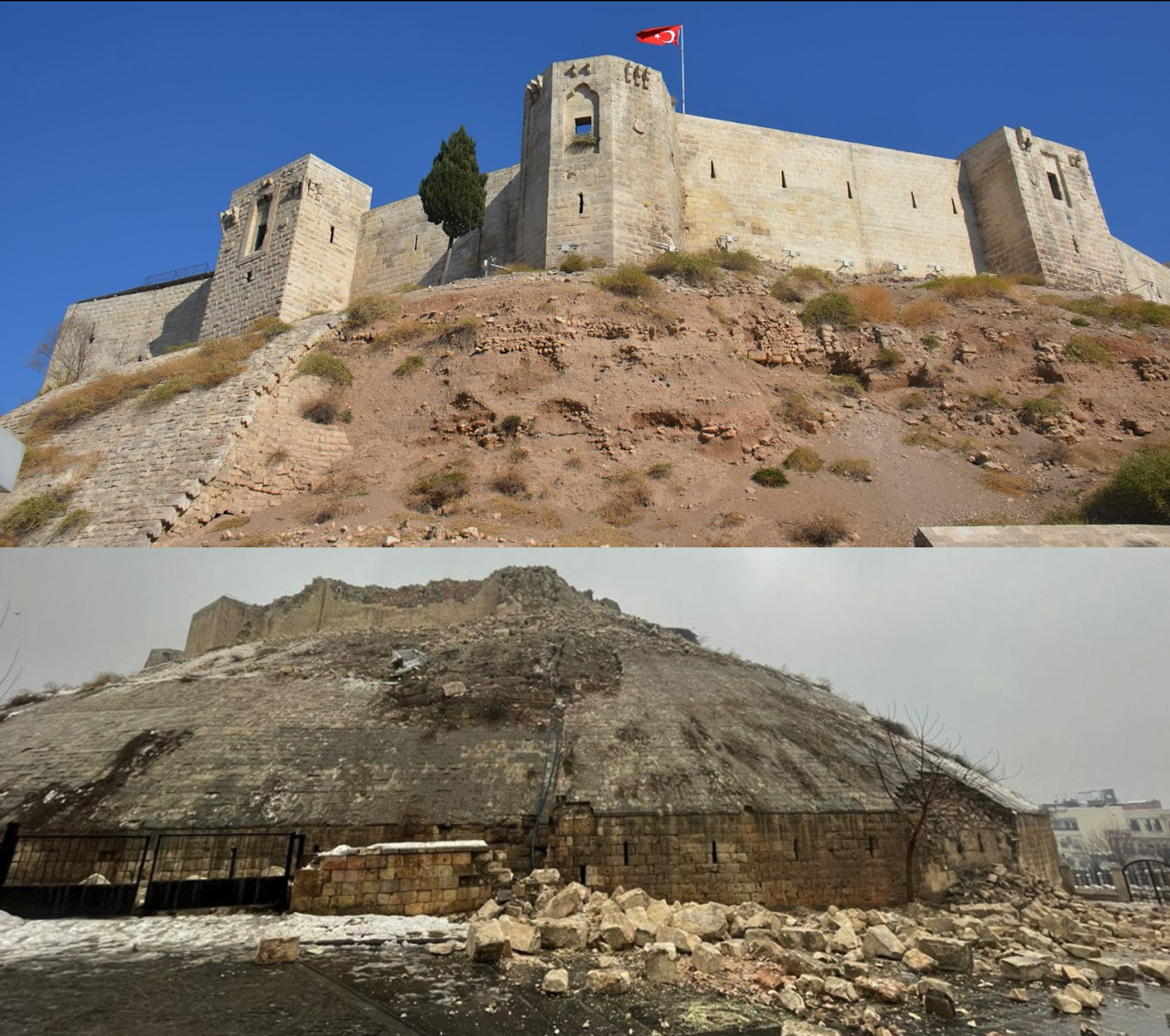 世界文化遺產加濟安泰普城堡在地震中被震垮；圖上為原貌，圖下為震後樣貌。（圖上／翻攝自Google Map、圖下／翻攝自Twitter @liz_cookman）